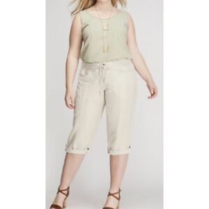 Lane Bryant khaki gold linen roll cuff capri pants